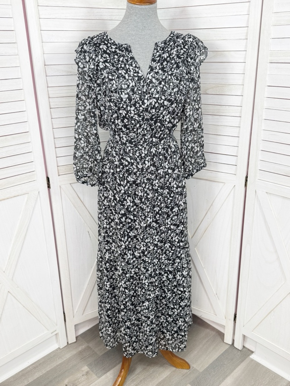 Loft Ruffle Trim Floral Maxi Dress Black White Medium Cottagecore‎ Prairie
